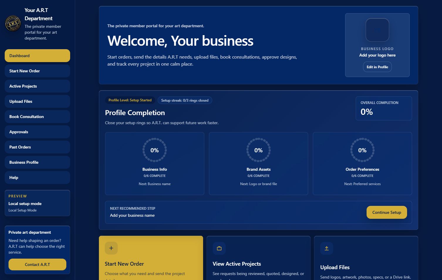 A.R.T OS member dashboard with profile completion, main actions, and project status
